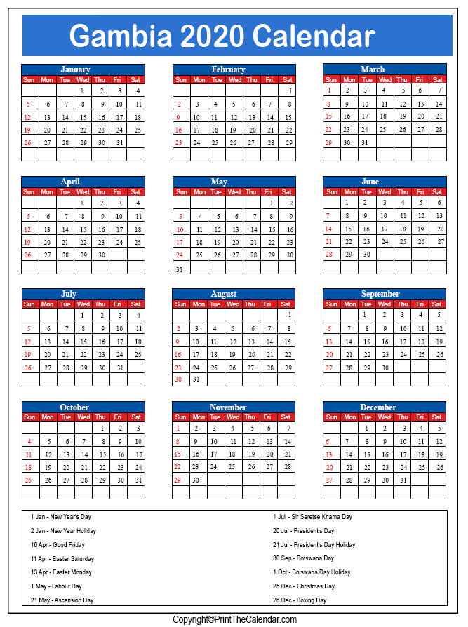 Gambia Printable Calendar 2020